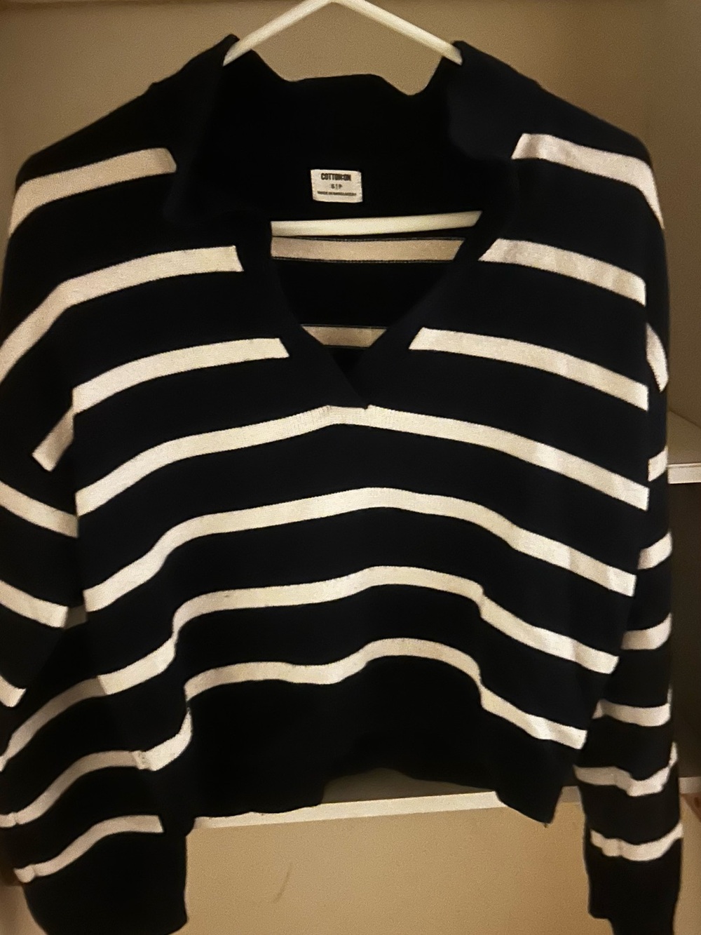 Cotton On Navy and White Striped V-Neck Sweater